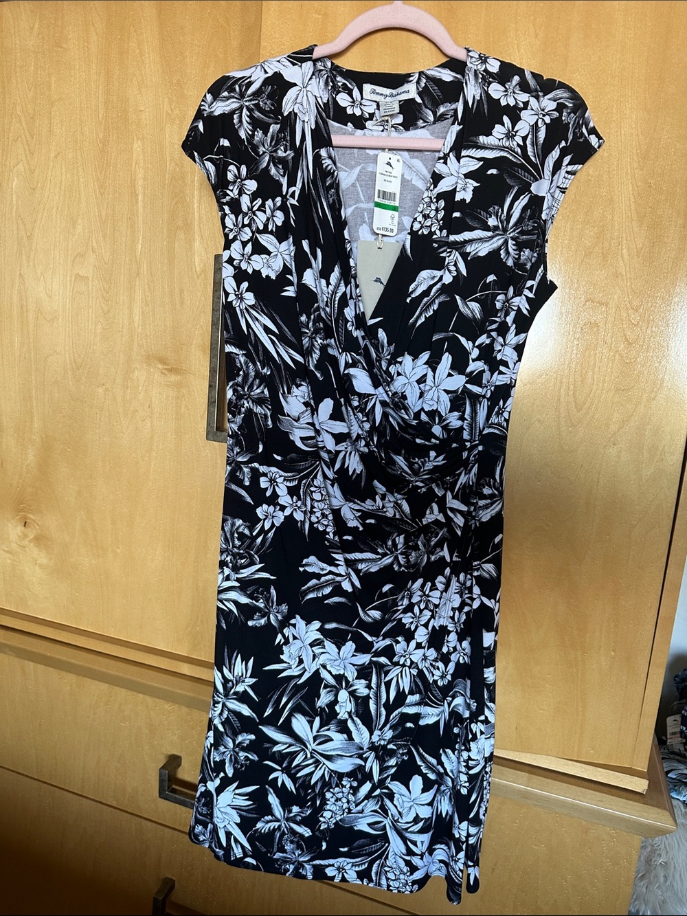 Tommy Bahama Black and White Floral Faux-Wrap Midi Dress